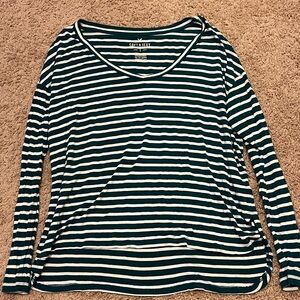 American Eagle Outfitters Teal and White Striped Long Sleeve Tee